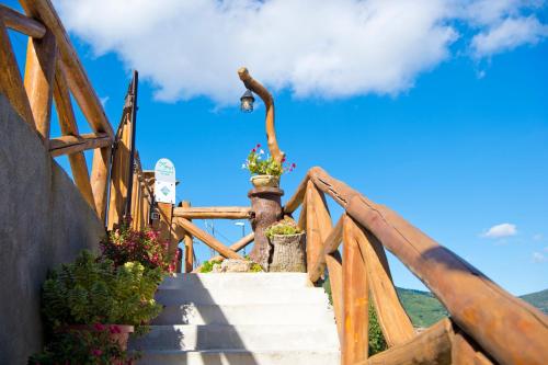 a staircase with flower pots and a light at Valle degli Dei in Agerola