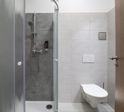 a bathroom with a shower with a toilet and a sink at Hotel Veronika in Ostrava
