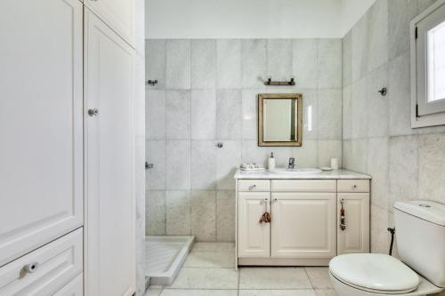 a bathroom with a toilet and a sink and a mirror at Big Blue Sunset View in Angairiá