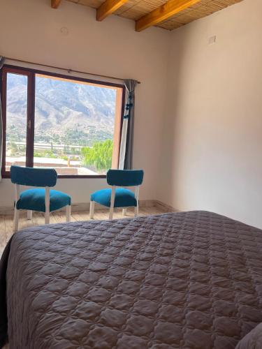 a bedroom with two blue chairs and a large window at Posada Suri Huasi in Tilcara