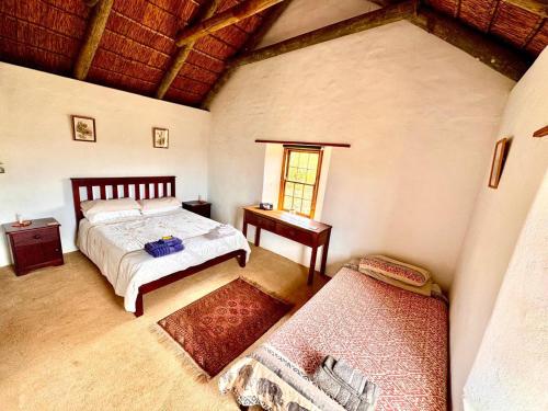 a bedroom with a bed and a table and a window at Wild Rescue Nature Reserve in Riversdale