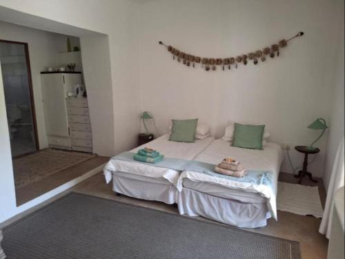 a bedroom with a bed with green pillows on it at Wild Rescue Nature Reserve in Riversdale