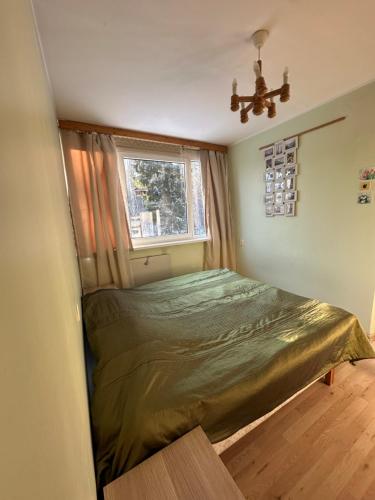 a bedroom with a green bed with a window at Apartment with sauna and fireplace in Viitna