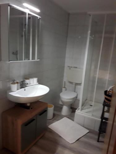 a bathroom with a sink and a toilet and a shower at Pension Müller in Barweiler