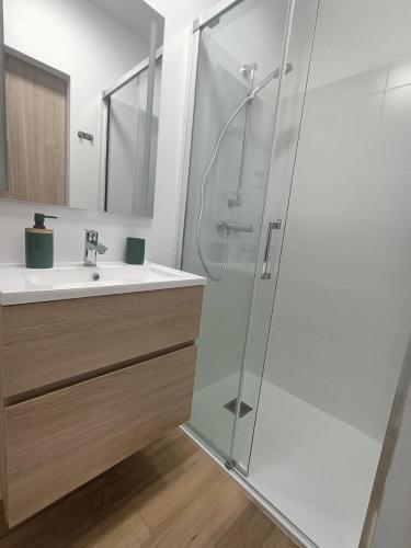 a bathroom with a shower and a sink at Le 16 Place de l'Abbatiale in Évron