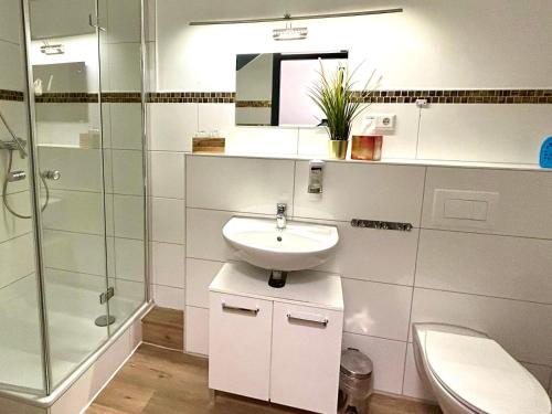 a bathroom with a sink and a toilet and a shower at Bestwaner Hotel in Bestensee