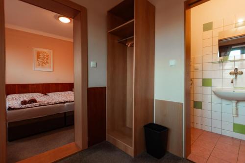 ein Badezimmer mit Bett und Waschbecken in einem Zimmer in der Unterkunft Hotel Rozkoš in Česká Skalice