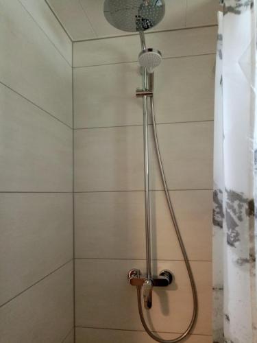 a shower with a shower head in a bathroom at Schönes, modernes Appartement mit Balkon und Indoorpool in Oberteuringen