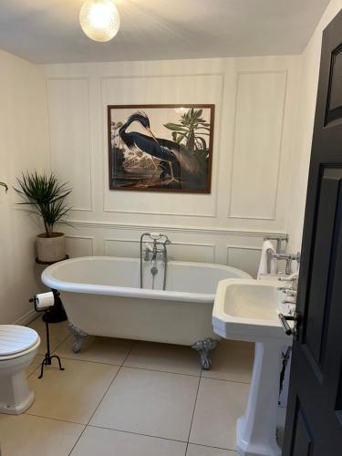 a bathroom with a tub and a bird on the wall at Victoria Gate Lodge in Derry Londonderry