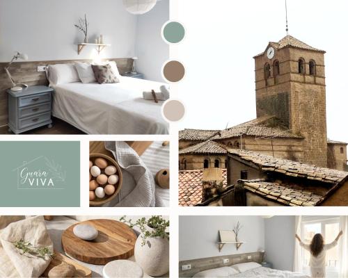 a collage of photos of a bedroom and a church at Guara VIVA Abiego in Abiego