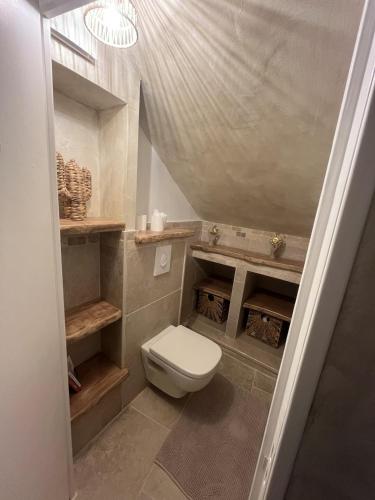 a bathroom with a white toilet in a attic at Cocon de Nuit - appartement RDC, avec terrasse in Orange