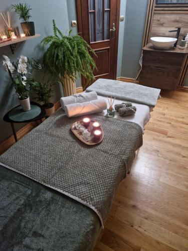two beds in a room with candles and plants at HARCÓWKA 2 in Złoty Stok