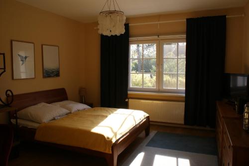 a bedroom with a bed and a window at Ferienhaus Lilli in Pruchten