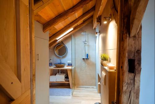 a bathroom with a shower and a sink in a room at Vakantiewoning Lemselermaten in Weerselo