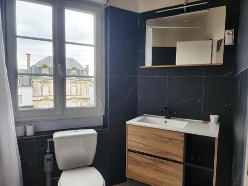 a bathroom with a toilet and a sink and a window at Hôtel et Restaurant Les2M in Fontenay-le-Comte