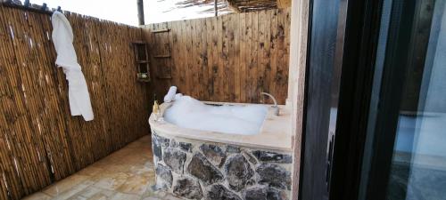 a bathroom with a sink and a wooden wall at DUNIA Desert Suites in Mitzpe Ramon