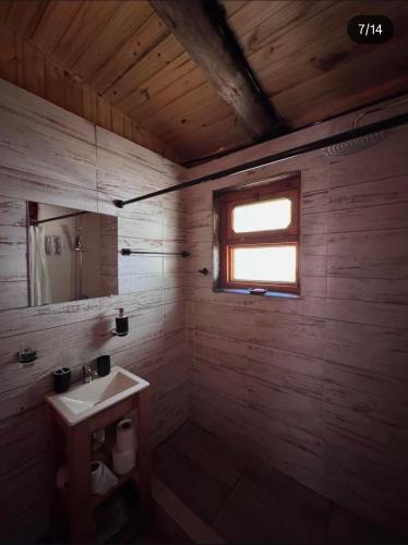 a small bathroom with a sink and a window at cabañas de montaña Triskel in Aluminé
