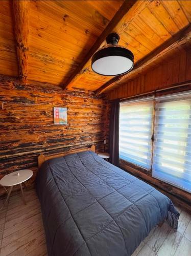 a bedroom with a bed in a room with wooden walls at cabañas de montaña Triskel in Aluminé