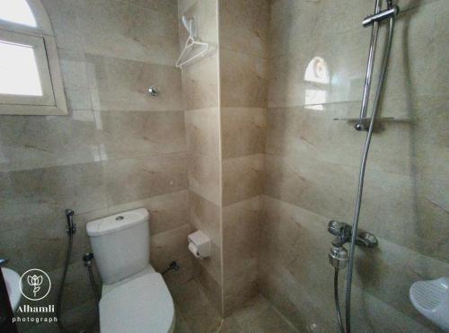 a bathroom with a shower with a toilet and a sink at comfort stay 205 in Al Ain