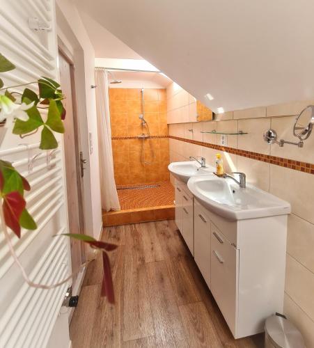 a bathroom with two sinks and a shower at Penzion Bor in Náchod