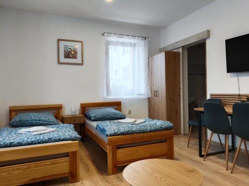 a room with two beds and a table and a television at Apartmán 38 in Opolany