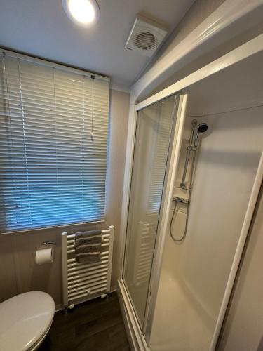 a bathroom with a shower and a toilet and a window at Sea view 1 in Heysham