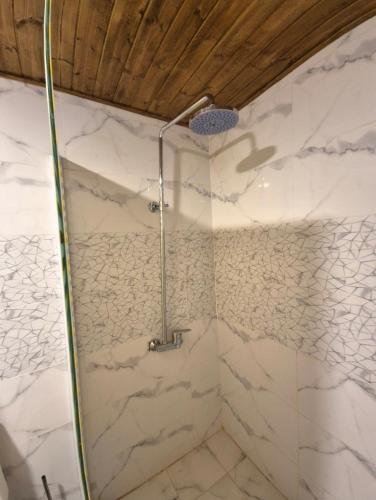 a bathroom with a shower with white marble at Sofia Bubble Luxury Camp in Disah