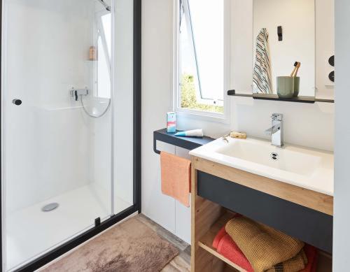 a bathroom with a sink and a shower at Oasis des Garrigues in Vogüé