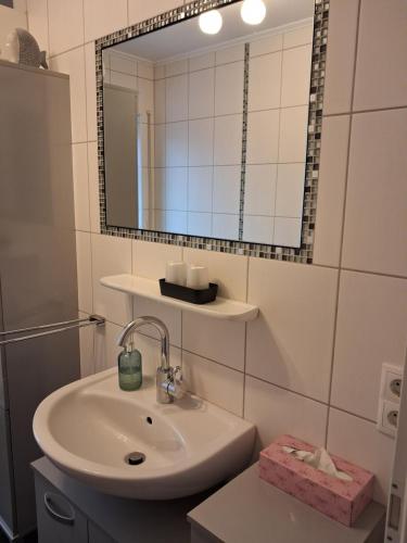 a bathroom with a sink and a mirror at Appartment am Fingerhut in Cloppenburg