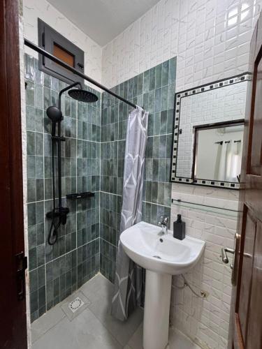 a bathroom with a sink and a shower with a mirror at Hôtel La Maison Blanche in Saint-Louis