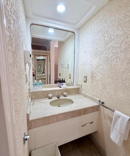 a bathroom with a sink and a large mirror at Hotel Alameda Grand in Aguascalientes