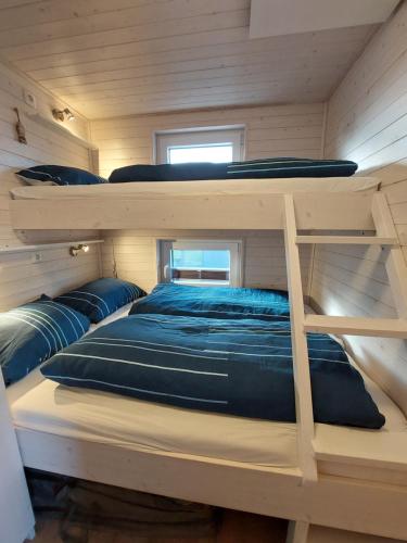 a bunk bed in a tiny house at Hausboot Hecht mit Dachterrasse in Schleswig in Schleswig