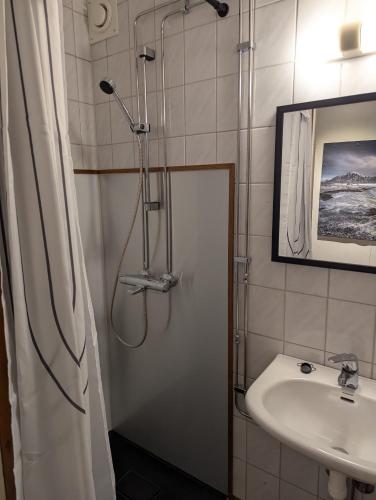 a bathroom with a shower and a sink at Björk City - Charmig lägenhet nära centrum in Pietarsaari