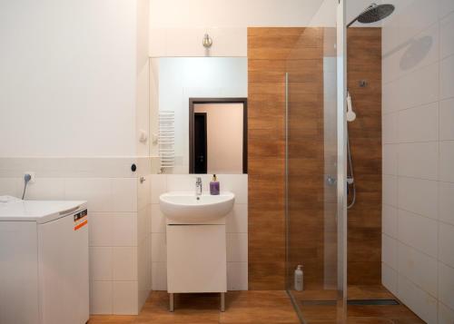 a bathroom with a sink and a shower at Rooms Green Rydygiera 17 own private room tv wifi in Warsaw