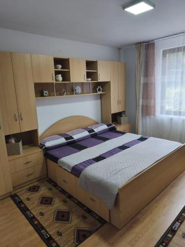 a bedroom with a large bed with wooden cabinets at Cabana Dany Colibița in Colibiţa