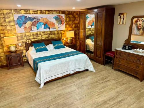 Appartement chic في Saint-Génis: غرفة نوم بها سرير كبير ومرآة