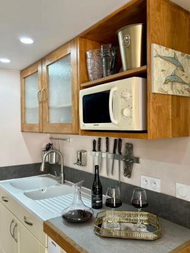 Appartement chic في Saint-Génis: مطبخ مع حوض وميكروويف