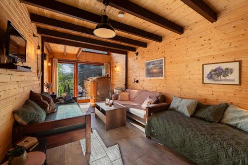 a living room with a couch and a table at PinusVillas Private Jacuzzi & Phyto-Sauna in Zheleznitsa