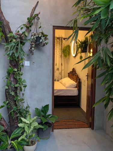 a room with a bedroom with a bed and plants at Wild Pulse Yala in Tissamaharama