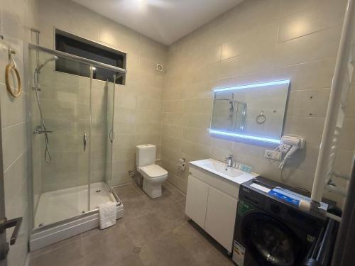 a bathroom with a shower toilet and a sink at Apartment Natali Inn in Tbilisi City