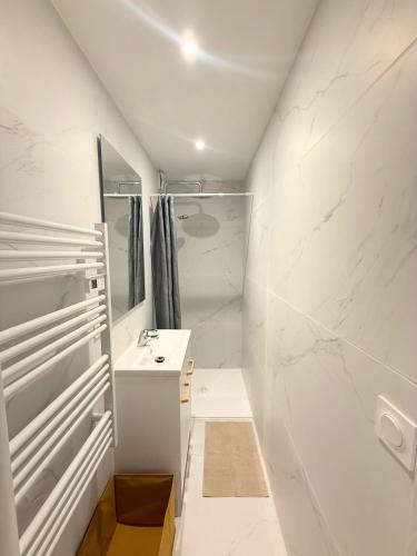 a white bathroom with a sink and a mirror at Magnifique studio, proche du centre in Rodez