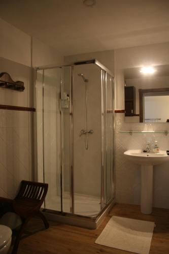 a bathroom with a shower and a sink at Hotel Rural Las Grullas in Villanueva del Fresno