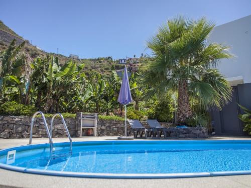 a swimming pool in a resort with palm trees at Quinta Golfinho in Arco da Calheta