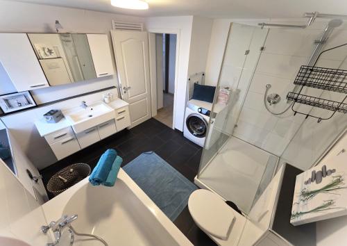 a bathroom with a shower and a toilet and a sink at Bodensee Ferienwohnung Claudia 4 in Friedrichshafen