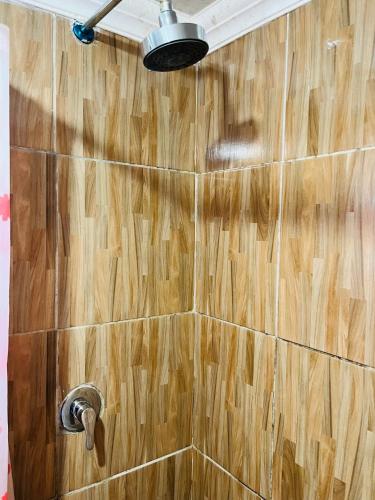 a shower with a wooden tile wall and a light at Kasi Retreat in Northam