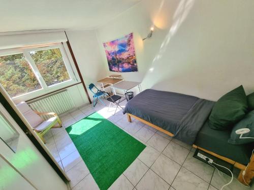a small bedroom with a bed and a green rug at Geneva House M in Ferney-Voltaire