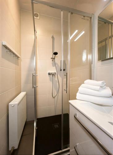 a shower with a glass door in a bathroom at Zemlinsky Loft Bunk Room in Payerbach