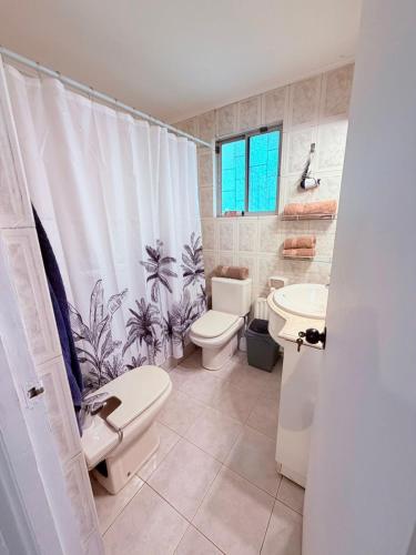a bathroom with a toilet sink and a shower curtain at Casa Las Condes, steps from Manquehue Metro in Santiago