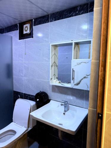 a bathroom with a sink and a toilet and a mirror at Luxury Camp Wadi Rum in Disah