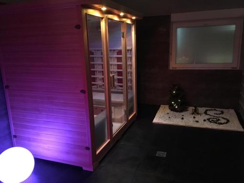 Cette chambre est dotée d'une porte en verre avec des lumières violettes. dans l'établissement Hostal Rural La Botería, à Sacedón